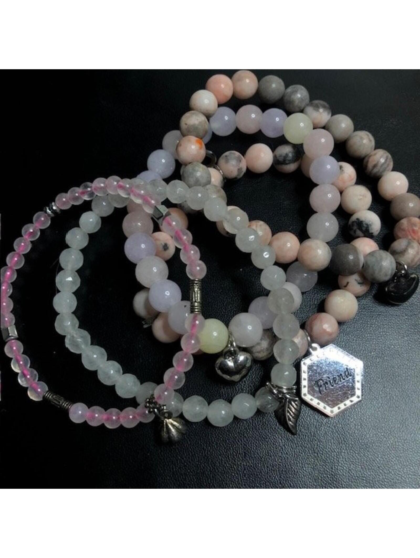 B0285 Lot Of 5 Stretch Bracelets Silver Tone Heart Charms Jasper Quartz Rose